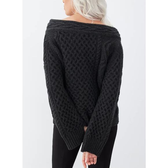 GSTQ Off the Shoulder Cable Knit Sweater Charcoal Grey Superfine Wool Women's S - Picture 4 of 9